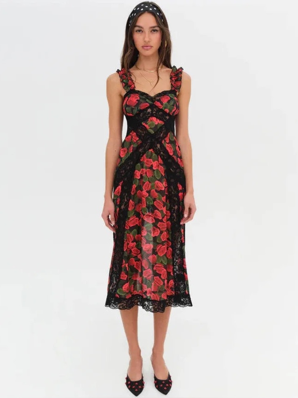 For Love and Lemons Varvera Sheer Midi Dress with Red Floral Print Size Medium